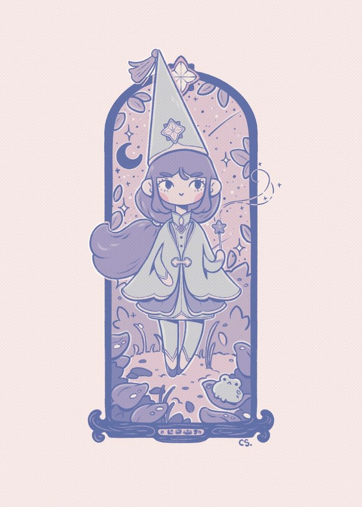 a caster girl standing amongst leaves wwith a magic wand and a smol frog sitting on a leaf. She is surrounded by a frame.