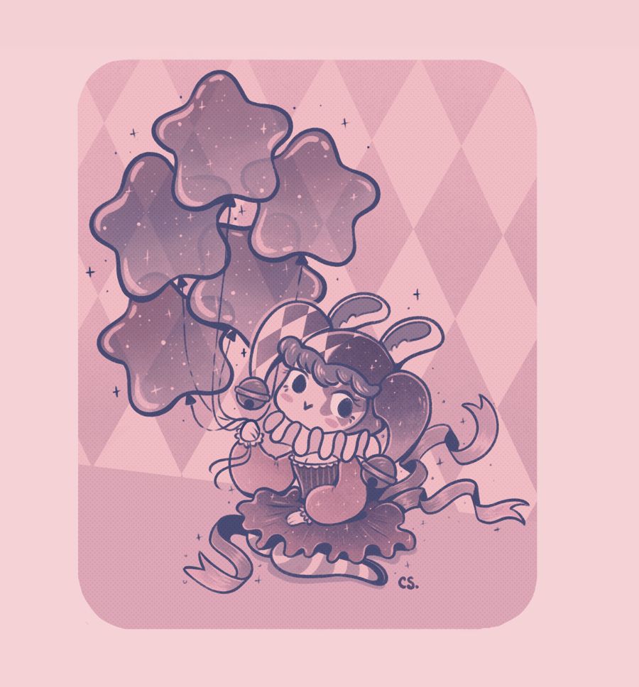Little bunny jester holding a bunch of star shaped balloons