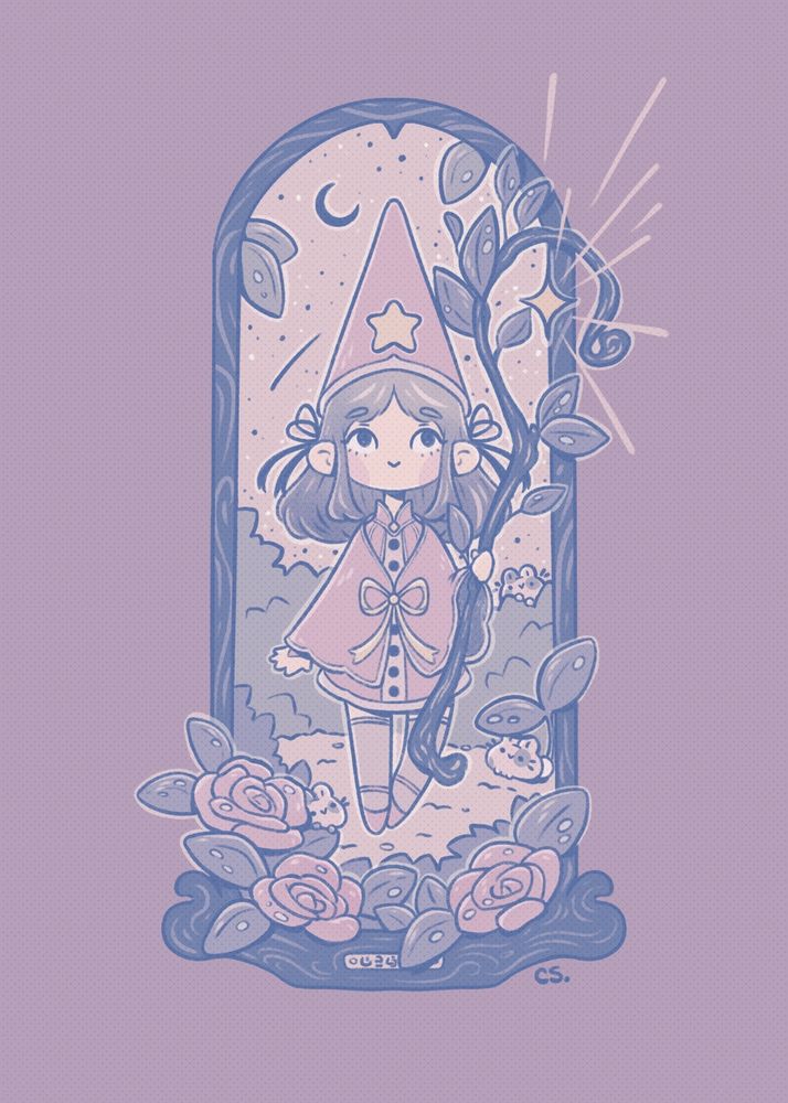 Small witch holding a long staff walking through a garden at night. There are little round bunnies hiding in the bushes