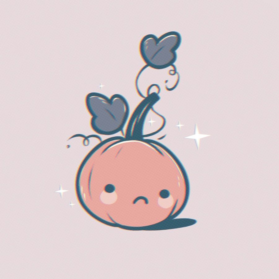 Sad lil pumpkin with curly vines and leaves and some sparkles