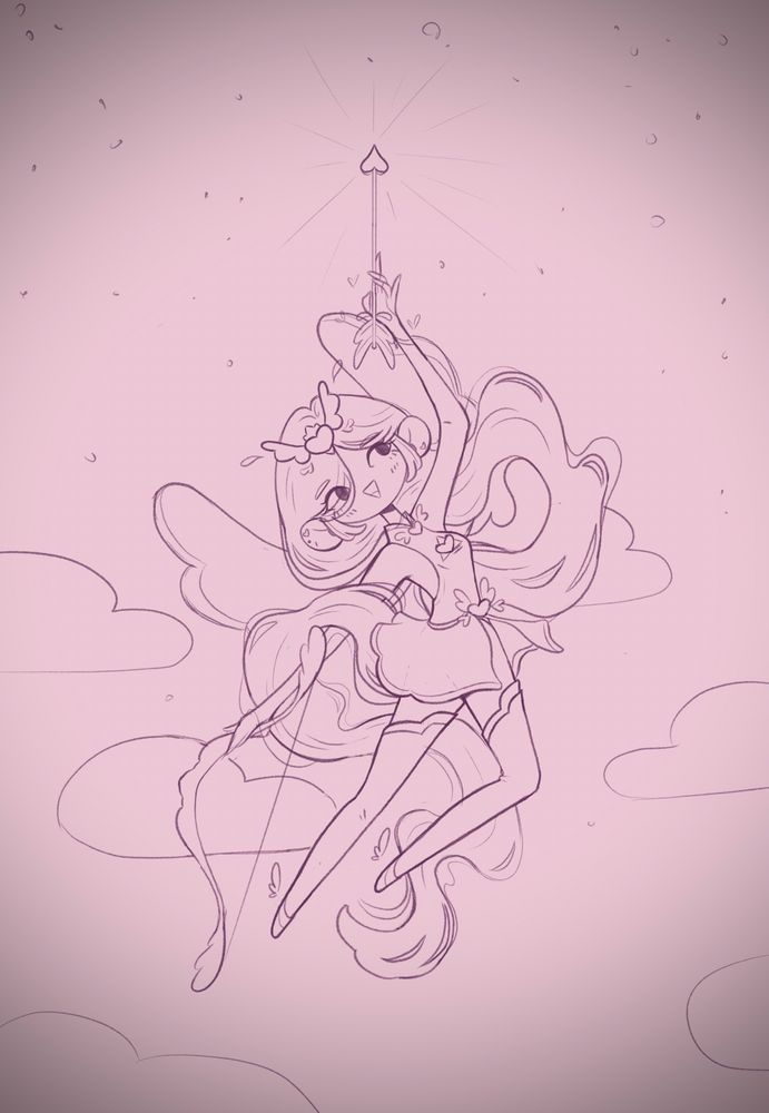 A magical looking archer holding an arrow up into the night sky and holding a bow in the other hand. The archer has a lot of
Little winged heart motifs on their clothing. Th try have wings on their back and a lot of hair swirling around them.