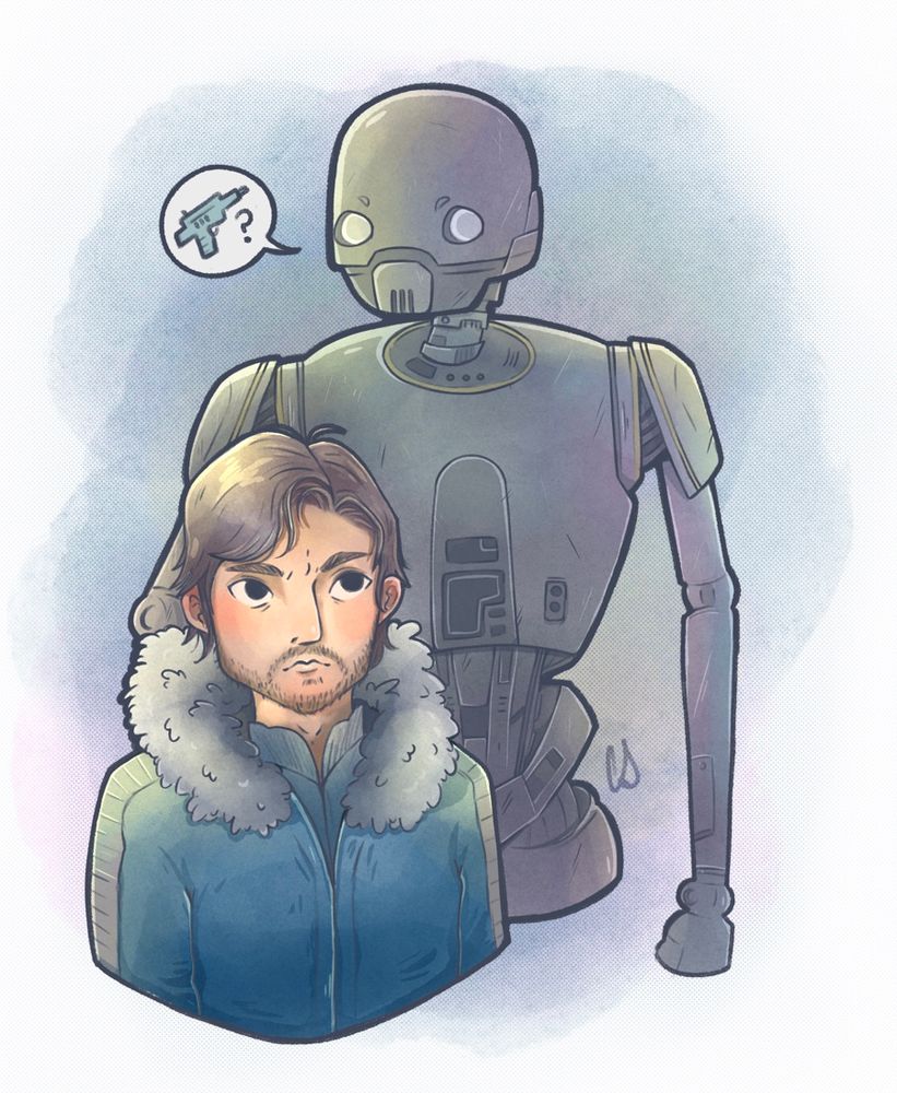 the bust of a man with a tall robot, the robot is asking for a gun in a speech bubble