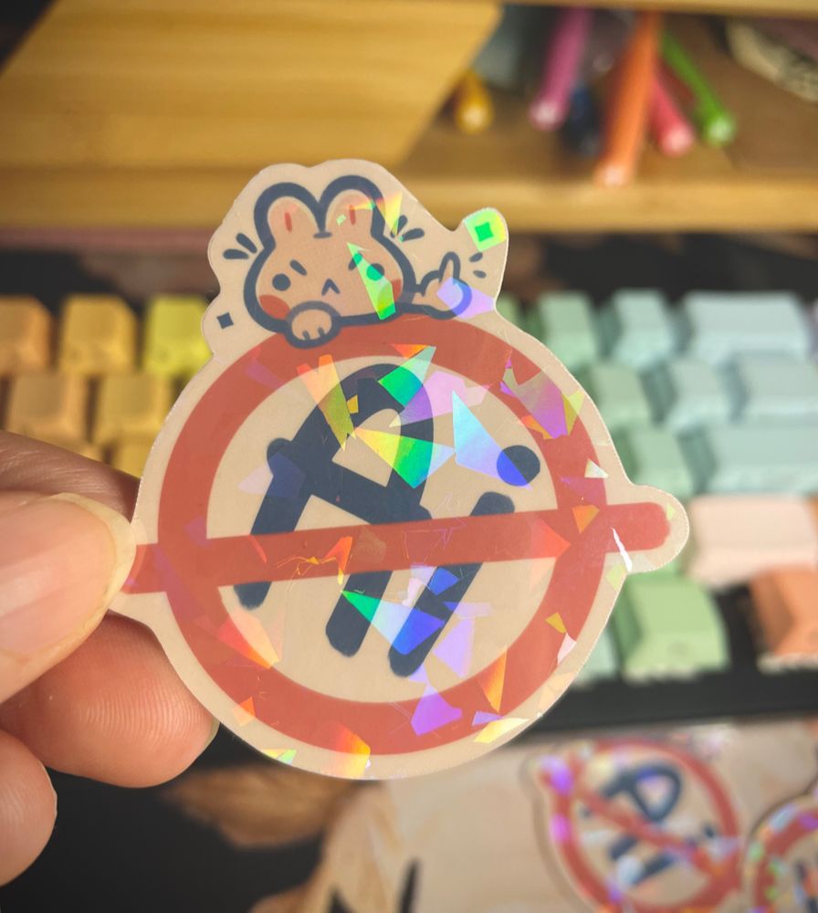 small pink bunny on top of an anti A*i symbol giving the finger with some tiny sparkles around them. Their face is grumpy looking and they have had it!