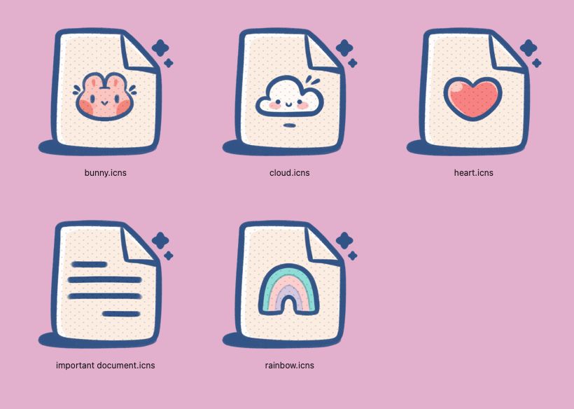 icons that look like a sheet of paper with a folded corner and various things on them: a bunny, a cloud, a heart, some text lines, and a rainbow