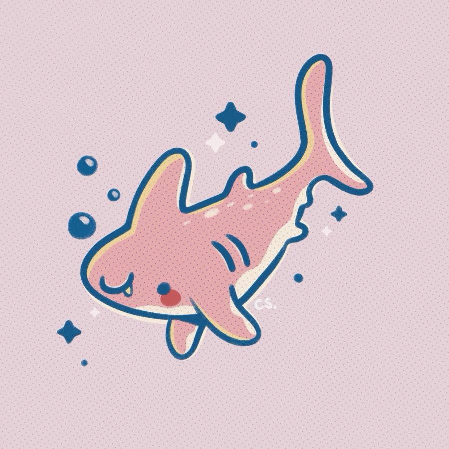 Pink smiling shark with bubbles and sparkles all around them