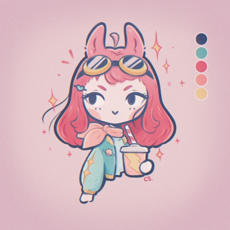 A cute little red headed bunny girl wearing a bomber jacket with stars on the sleeve and a planet on the side. She is holding a drink and looking back over her shoulder. There are goggles on the top of her head.