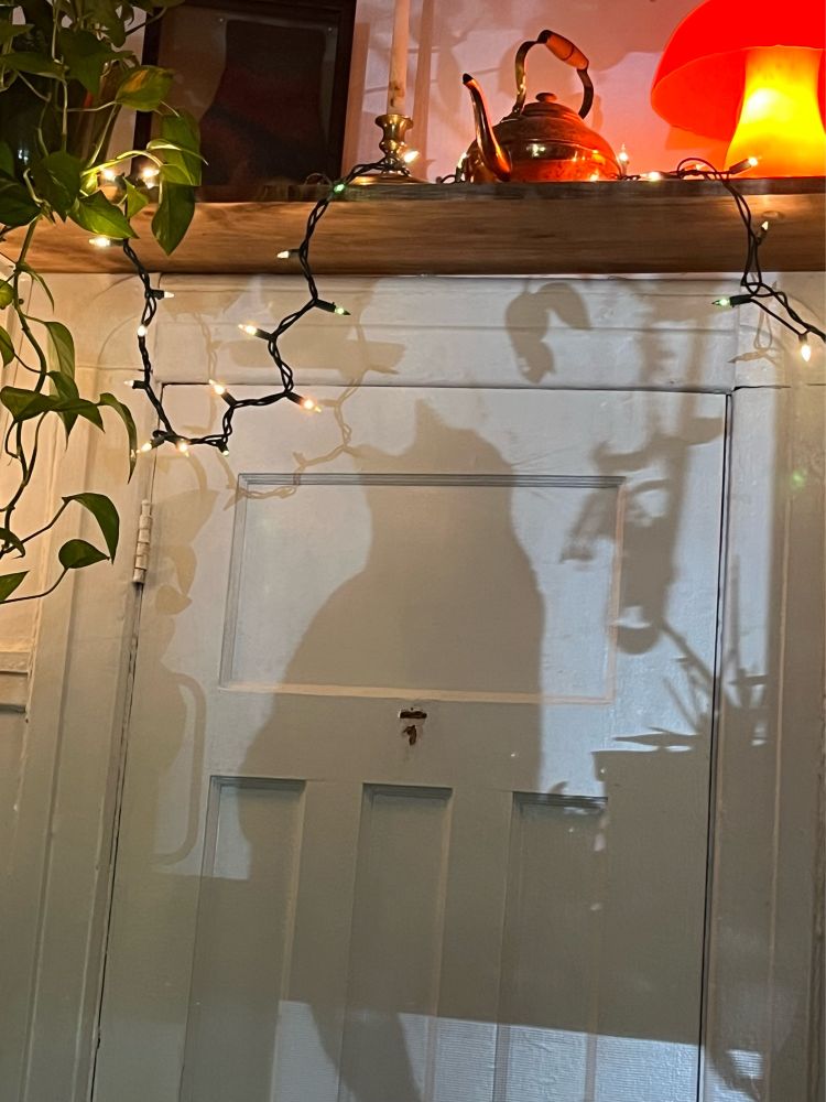 a shadowed silhouette of our cat (opal) cast upon a white closet door. above is a shelf decorated with autumnal decor: an orange mushroom lamp, bronze lamp and seasonal lights.