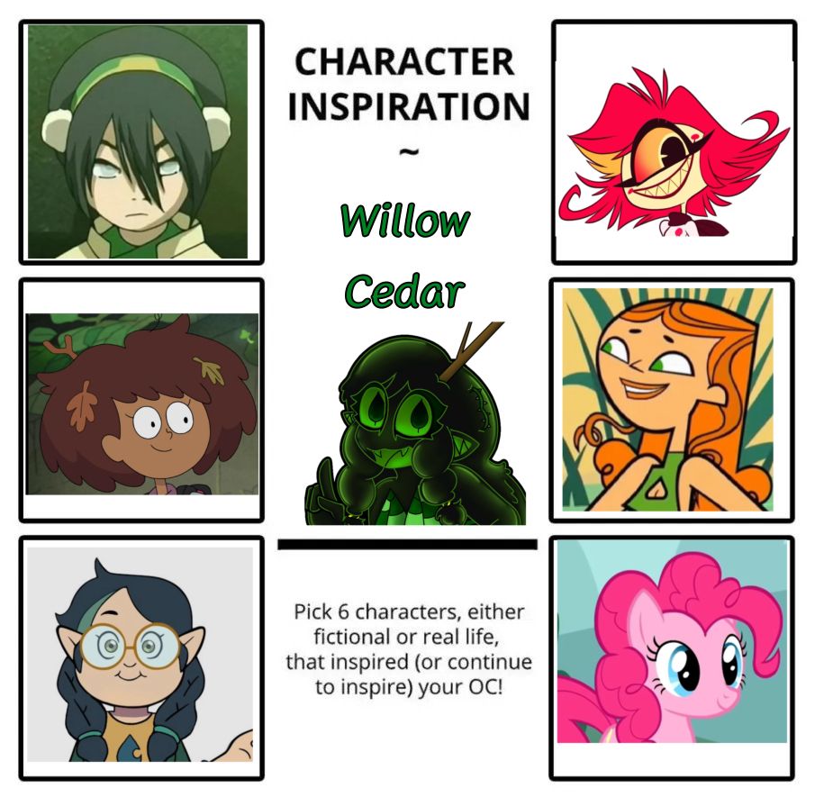 Willow Cedar is inspired by:
Toph - Avatar The Last Airbender
Anne - Amphibia
Willow Park - The Owl House
Nifty - Hazbin Hotel
Izzy - Total Drama Island
Pinkie Pie - My Little Pony