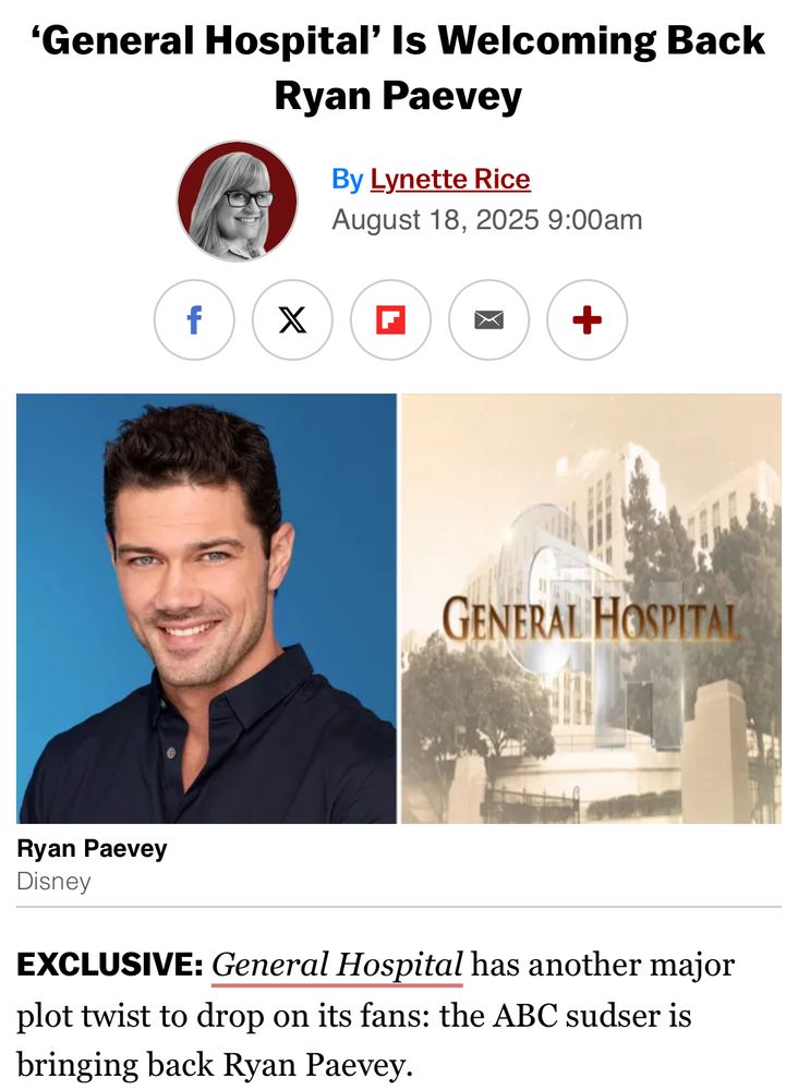 New article caption of actor Ryan Paevey returning to General Hospital