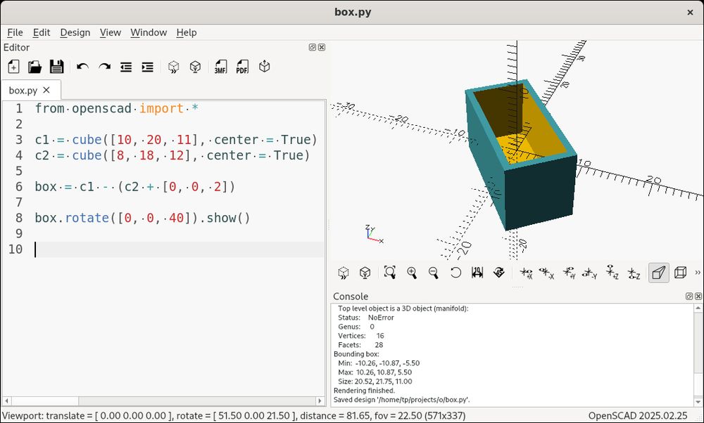 A screenshot of the OpenSCAD GUI, the 3D view showing a simple rectangular open box. The more interesting part is the code editor though. It shows a couple of lines of python code, implying the box was not produced from a normal scad script but from this python code.

The actual code shown is:

from openscad import *
c1 = cube([10, 20, 11], center = True)
c2 = cube([8, 18, 12], center = True)
box = c1 - (c2 + [0, 0, 2])
box.rotate([0, 0, 40]).show()