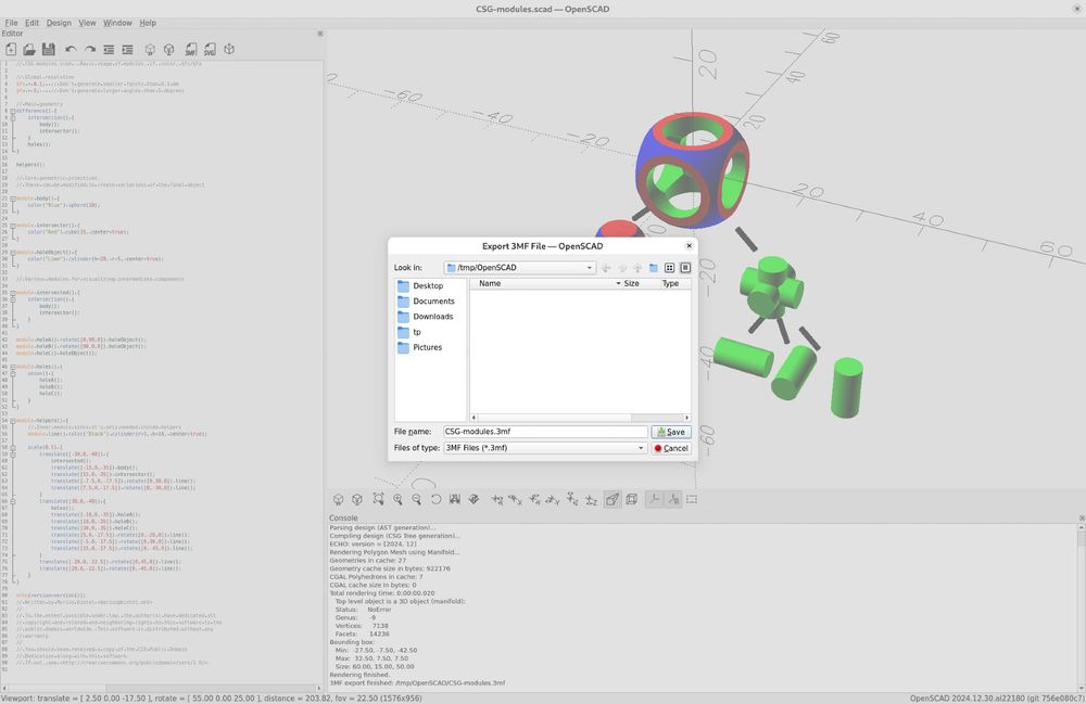 Screenshot exporting a file called CSG-modules.3mf as shown in the file selection dialog. In the background the colored 3D model of the example "CSG modules" is open showing the scad source code with very small font and the model explaining union/intersection and difference using green for the unioned cylinder, red and blue for the intersected cube and sphere. Between the different parts are thin black cylinders visualizing the tree nature of the operations.