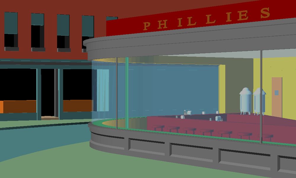 A screenshot of OpenSCAD showing an interpretation of the painting Nighthawks by Edward Hopper. Wikipedia describes the original painting that it "portrays four people in a downtown diner late at night as viewed through the diner's large glass window. The light coming from the diner illuminates a darkened and deserted urban streetscape.".
The OpenSCAD version does not have the people and lighting, but otherwise stays quite near the original showing the diner with yellow walls, the big brown counter and the bar stools lined up at big glass front.