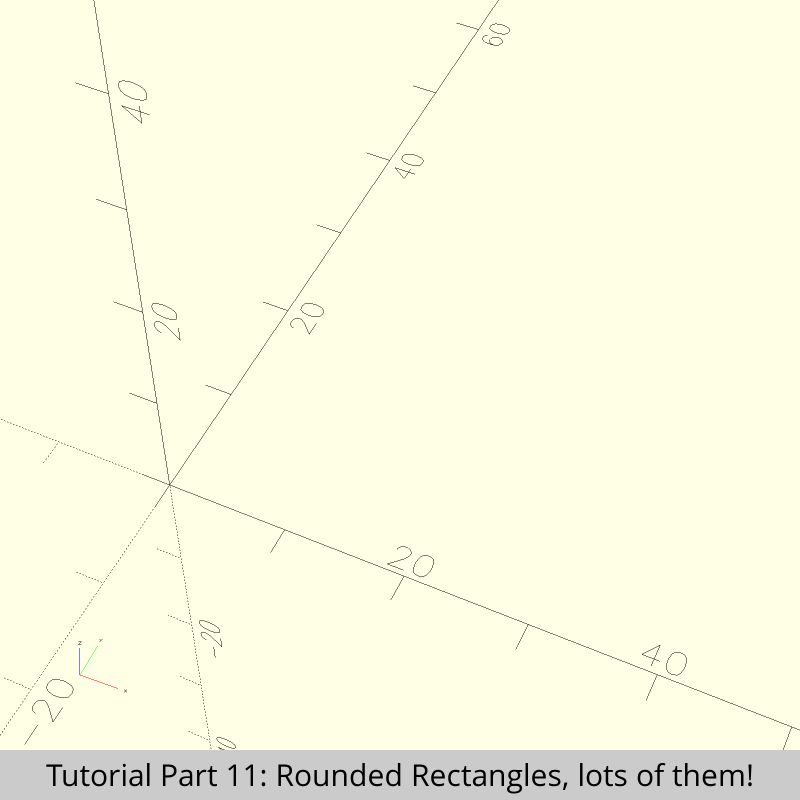 Screenshots of OpenSCAD fading in and out. This is the visualization on different ways for generating rounded rectangles, so all of the 8 screenshots except the 7th show rectangles with rounded edges just with different sizes. Screenshot 3 is a bit special as its rectangle has rounding with different radius, the one on the upper left has only half the radius of all the others and the upper right has twice the radius. The 7th screenshot shows a small polygon representing one of the rounded edges, it looks like a quarter circle arc where the two ends of the arc are also connected by a straight line.