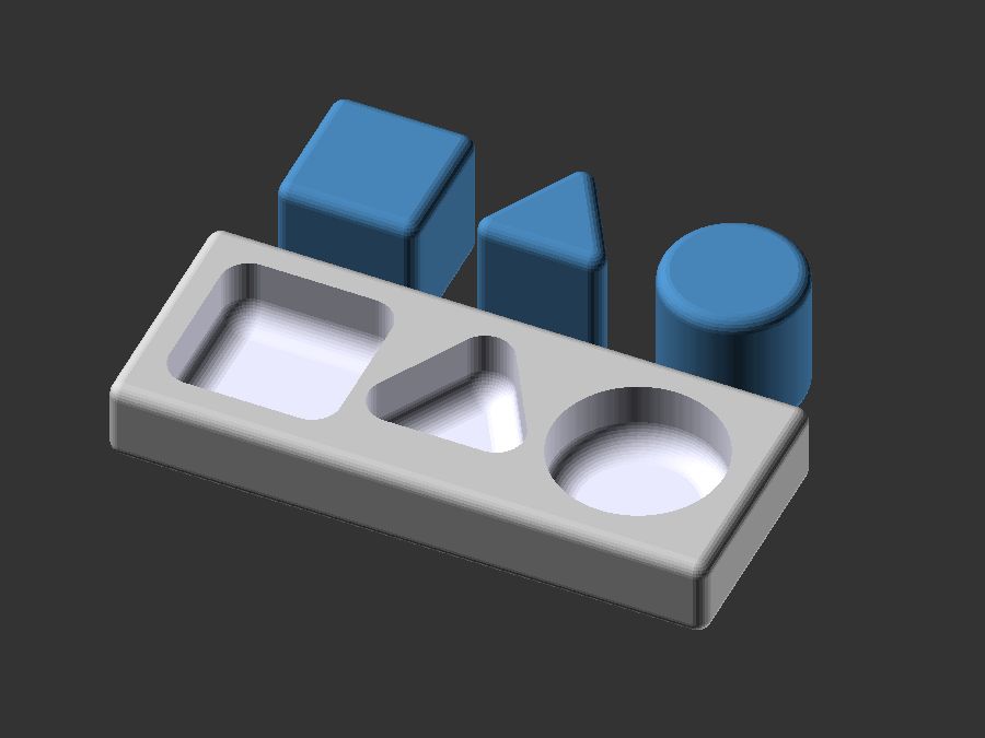 OpenSCAD screenshot of a toy. In front is a white box with 3 cutouts in form of a rounded square, a rounded triangle and a circle. Behind that there are 3 blue objects that can fit into the cutouts, a rounded cube, a 3 sided prism with rounded edges and a cylinder also with rounded edges.