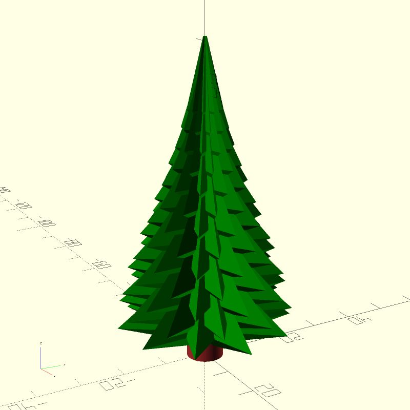 Screenshot of a simple stylized christmas tree created in OpenSCAD. It's composed of a brown cylinder as trunk and green stacked star shaped parts that are getting smaller towards the top representing the branches.