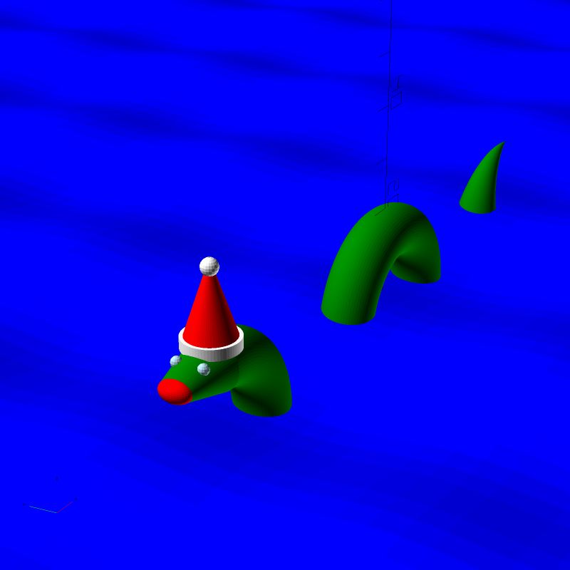 An OpenSCAD screenshot showing Nessie... with a red Christmas hat, complete with white pompom on top. The whole background is blue sea with some dark patches for waves. Nessie is green waving through the sea, tail, middle part of the body and head out of the water, coming from left moving to front right direction. Big red nose, maybe because it's cold (or related to Rudolph the Reindeer?). Eyes straight ahead, looking at something we can't see.