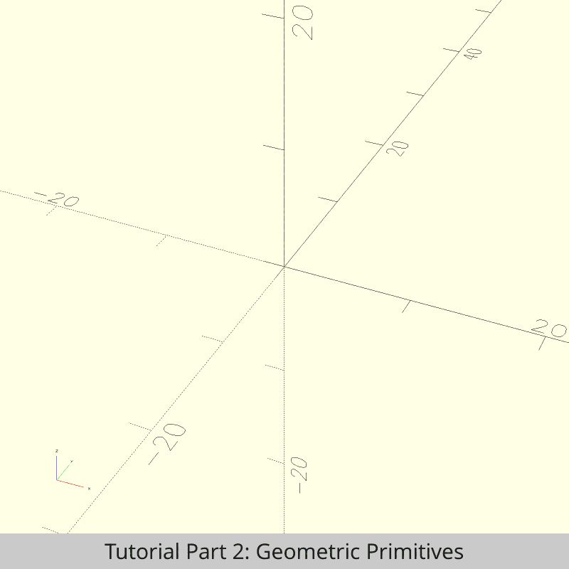Screenshots of OpenSCAD fading in and out, showing the geometric primitives of OpenSCAD, square, circle, polygon, in 2D and cube, cylinder, sphere and polyhedron in 3D.