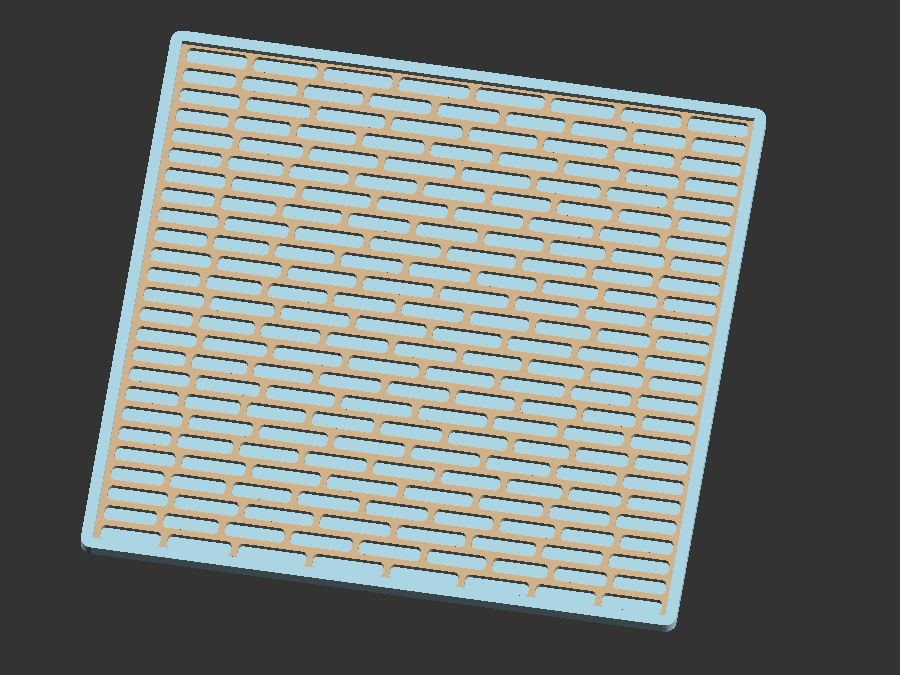 OpenSCAD screenshot of the coaster. It's base is light blue and square shaped with slightly rounded corners and a thin border. The inside is a light brown with a pattern of long slots aligned in rows horizontally but shifted from row to row.