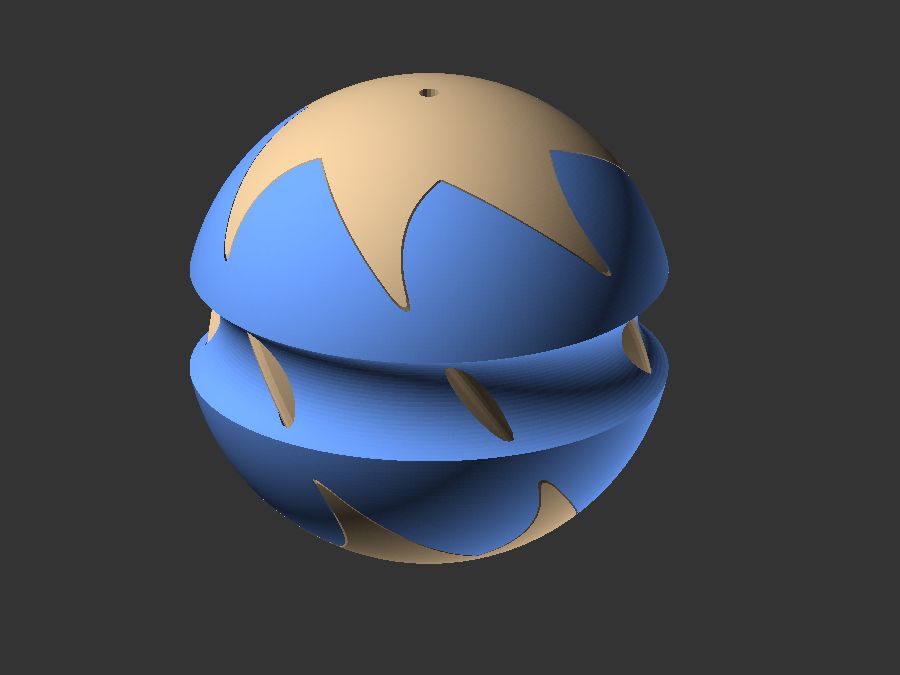 Screenshot of a Christmas bauble. The main body is a light blue sphere with a rounded grove around the equator. Embedded, while keeping the overall sphere outline, is a light brown shape of a six pointed star which is slightly twisted. From top and bottom the star shape is visible and from the side the points of the star shape show as small bridges or walls at the bottom of the groove.
