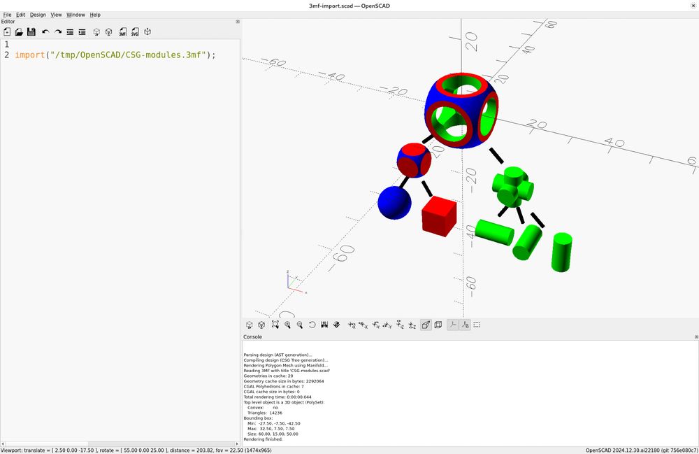 Screenshot of OpenSCAD with just a single line in the editor importing a file called "CSG-modules.3mf". The result shown in the 3D view is the colored display of that model from the examples looking exactly the same as when it's generated from the example source code, including all the colors.