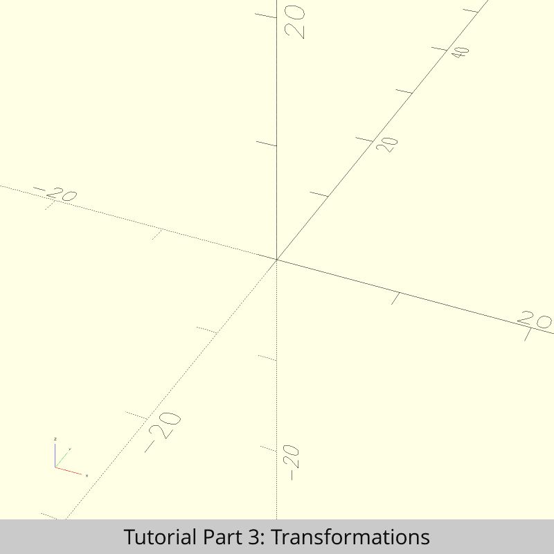 Screenshots of OpenSCAD fading in and out, showing first a square in 2D being translated and later rotated, after that a sphere translated in 3D space and a rotated cylinder are shown. Last there are 2 screenshots of spheres transformed by resize() and scale() into long, flat shapes vaguely similar to a surf board.