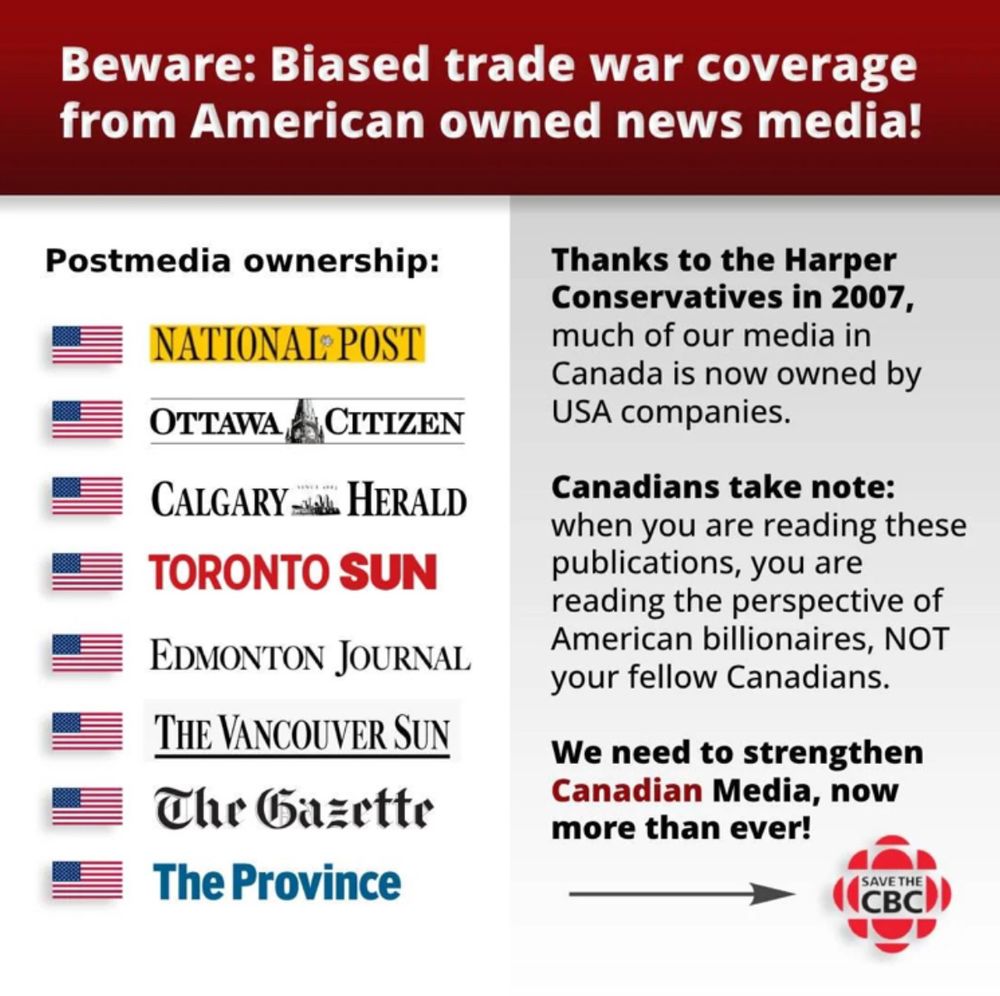 Beware: Biased trade war coverage from American owned news media!
Postmedia ownership:
NATIONAI: POST
OTTAWA CITIZEN
CALGARY SA HERALD TORONTO SUN
EDMONTON JOURNAL
THE VANCOUVER SUN
The Gaertte
The Province
Thanks to the Harper Conservatives in 2007, much of our media in Canada is now owned by USA companies.
Canadians take note: when you are reading these publications, you are reading the perspective of American billionaires, NOT your fellow Canadians.
We need to strengthen Canadian Media, now more than ever!
CBC