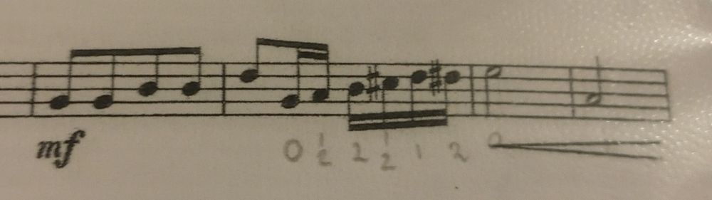 sample of sheet music. (treble clef but not annotated on picture)

G quaver, G quaver, B quaver, B quaver, D quaver, semiquavers G A B C# D D#, minum E, minum A