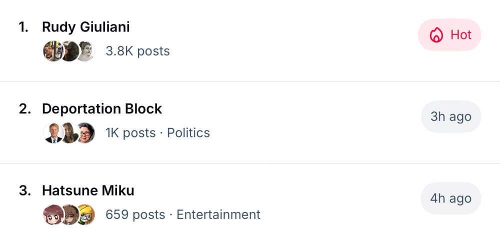 A list of trending topics on Bluesky. The top spot goes to Rudy Giuliani, followed by "Deportation Block" and finally (in this screenshot), "Hatsune Miku."