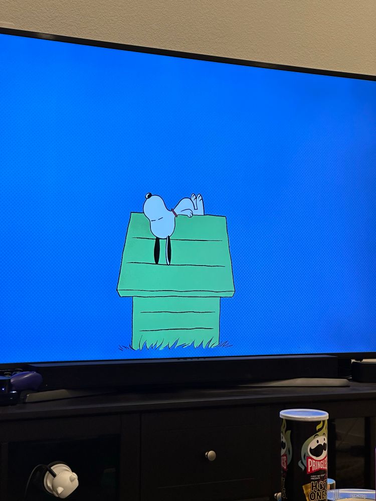 A picture of a television screen. It is blue with a doghouse. On top of the doghouse is the black and white beagle known as Esnúpi. Or Snoopy, whatever. 