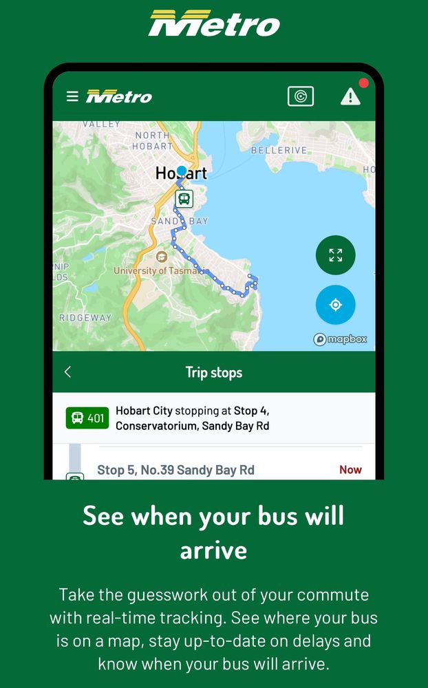 Screen shot from the Metro Tas iPhone app highlighting a new feature “See when your bus will arrive”
