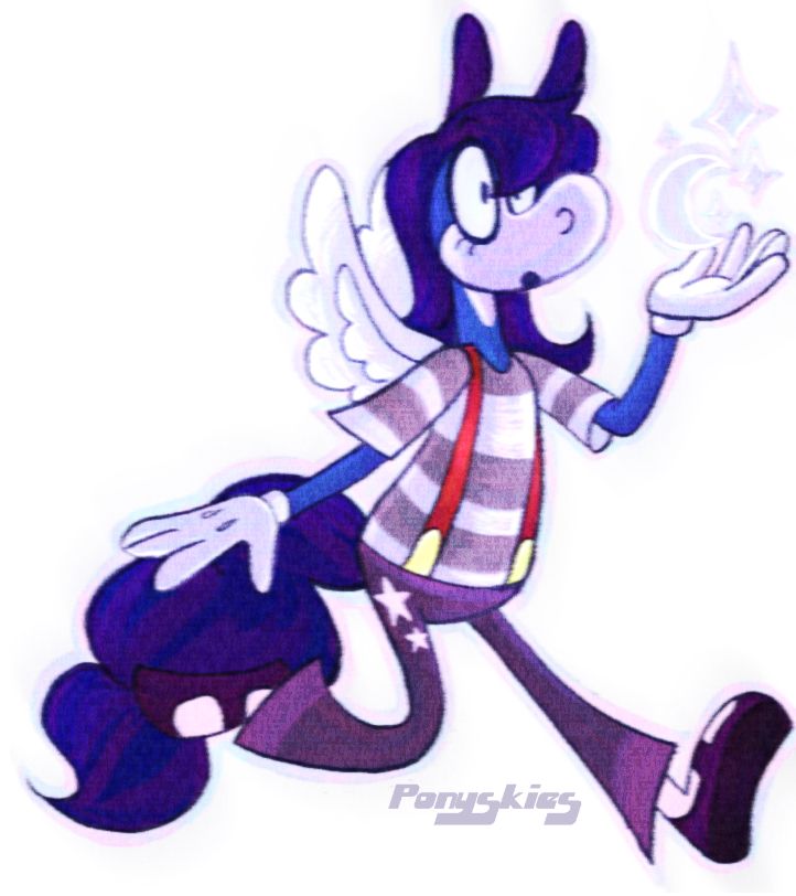 a transparent image of a blue pegasus toon wearing a striped shirt with red suspenders, purple pants with stars on his thigh, and dark blue mane and tail