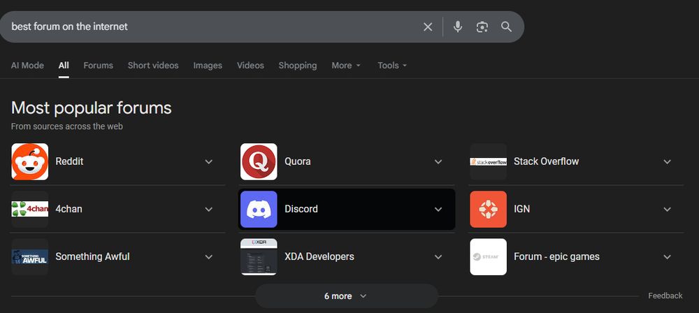 Screenshot: I searched Google for "best forum on the Internet" and instead got its autogenerated list of the "most popular forums" on the Internet. The list: Reddit, Quora, Stack Overflow, 4chan(!?!), Discord, IGN, Something Awful, XDA Developers, and the Epic Games forum.