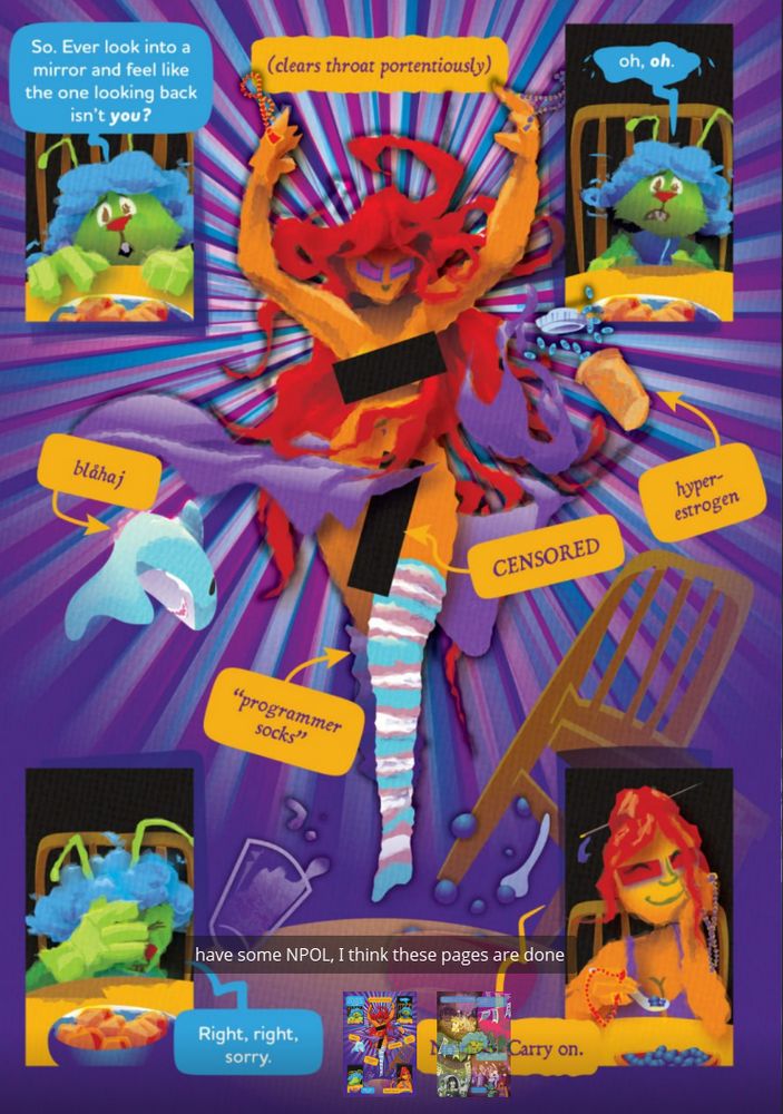 Zaffo, an orange-skinned witchlady with wild red hair, levitates while surrounded by icons of transfemininity: a blahaj, "programmer socks," a bottle of hyperestrogen, and something... er... vertical between her legs, under a censor bar. There's more but my freakin cat keeps jumping on my desk while I try to type this and I have to clean up. >_<