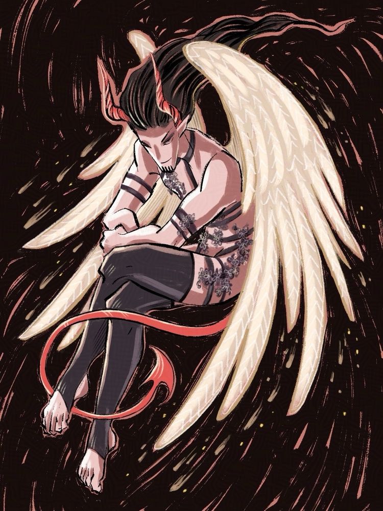 Art of my OC Fen with some strappy lingerie getup and devil horns, tail and feather wings
