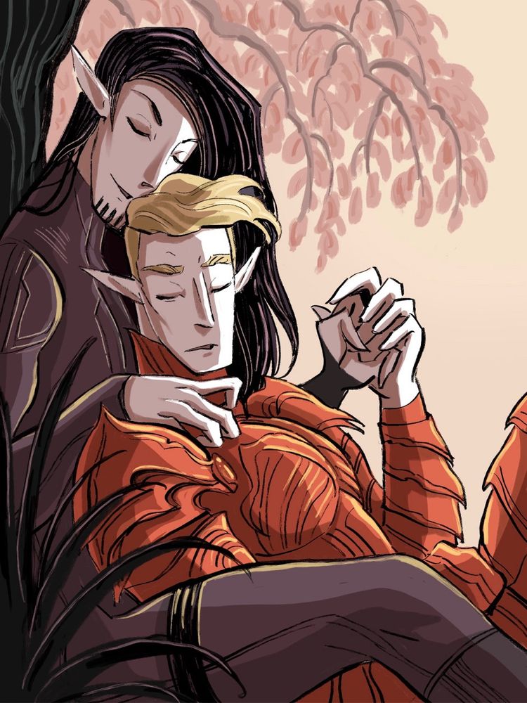 Elf with long black hair sitting under tree, holding blonde elf with red armor