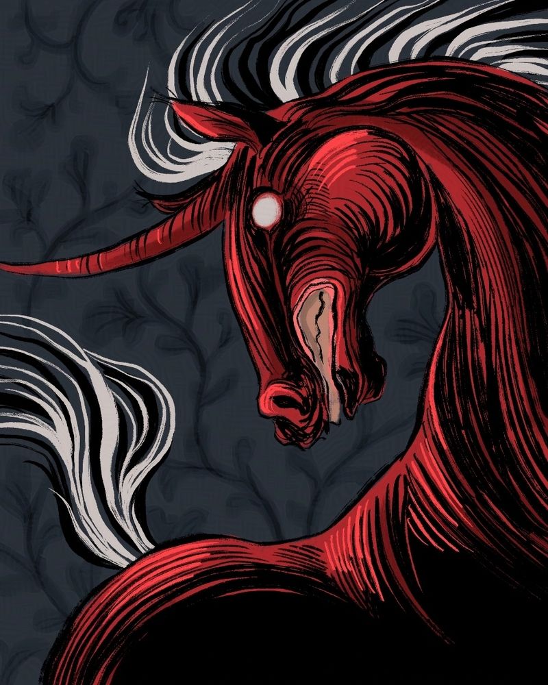Art of a scary red unicorn with white mane and tail