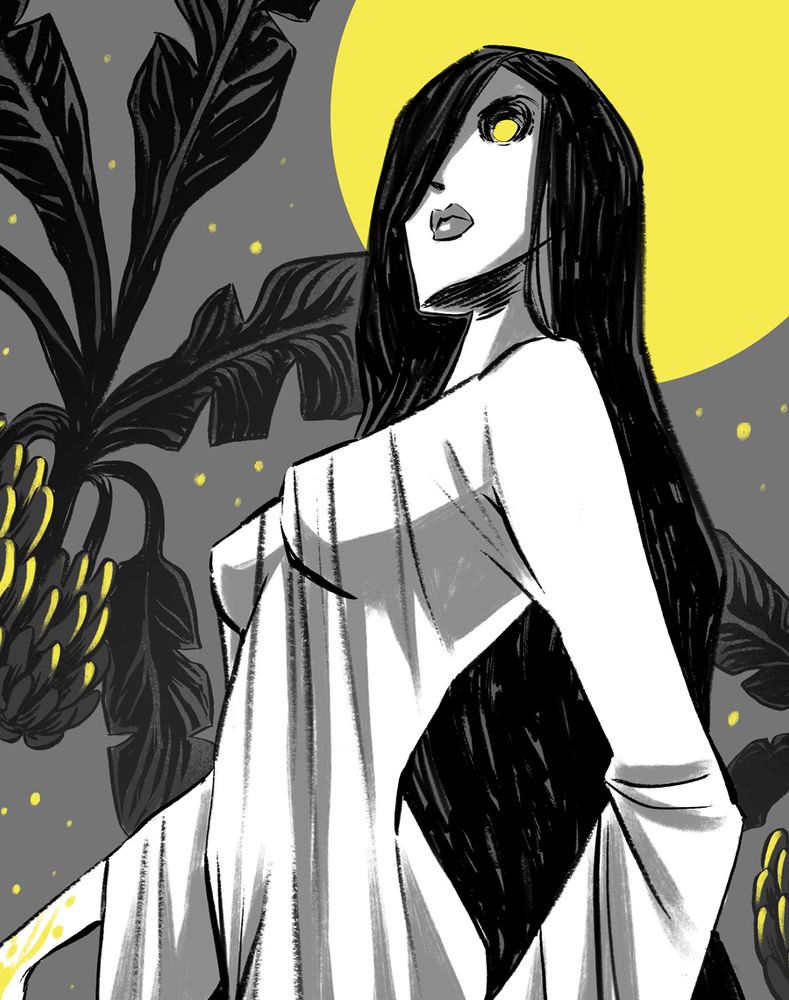 Art of a woman in white with long black hair standing in a grove of banana trees. a yellow full moon is partially visible behind her. this is a crop of the artwork for the Villainess art book.