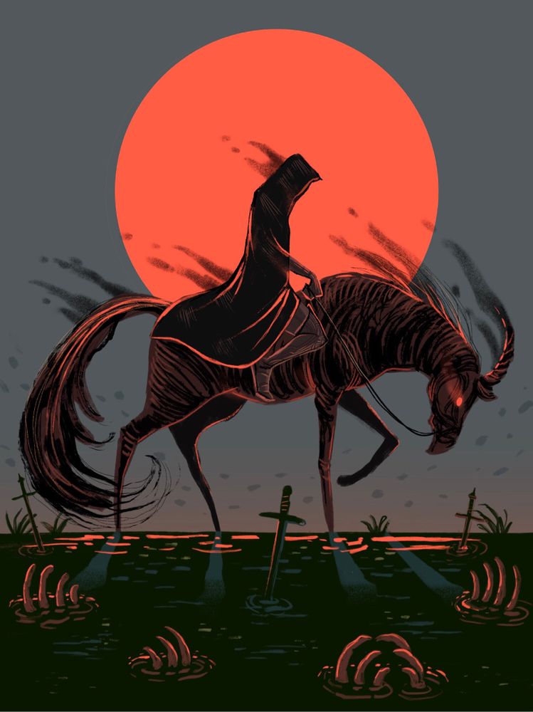Dark rider against red moon