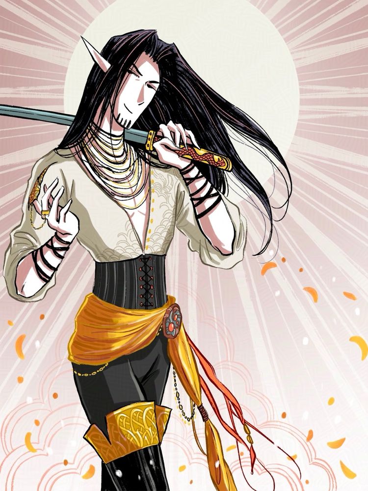 Art of my OC Fen wearing a white shirt and black corset and pants, with a gold sash. He holds a katana in one hand. This was from an old DTIYS 