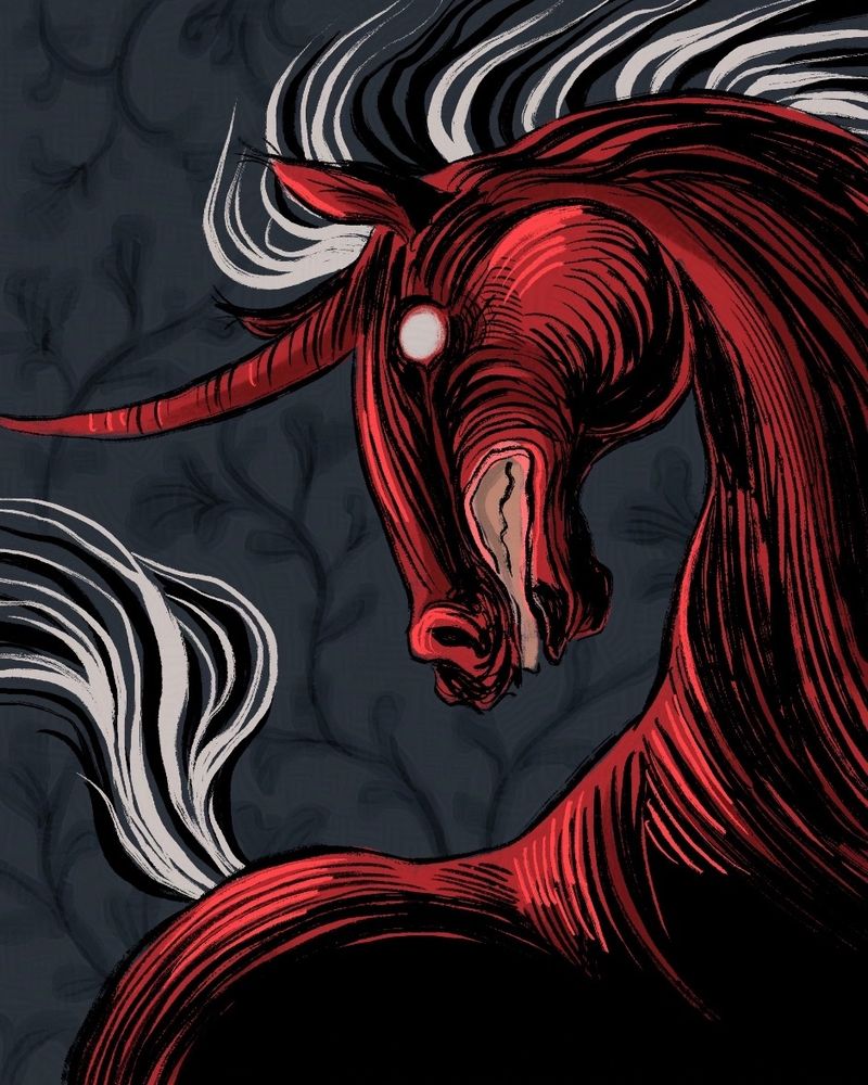 Art of a scary red unicorn with white hair and eyes 