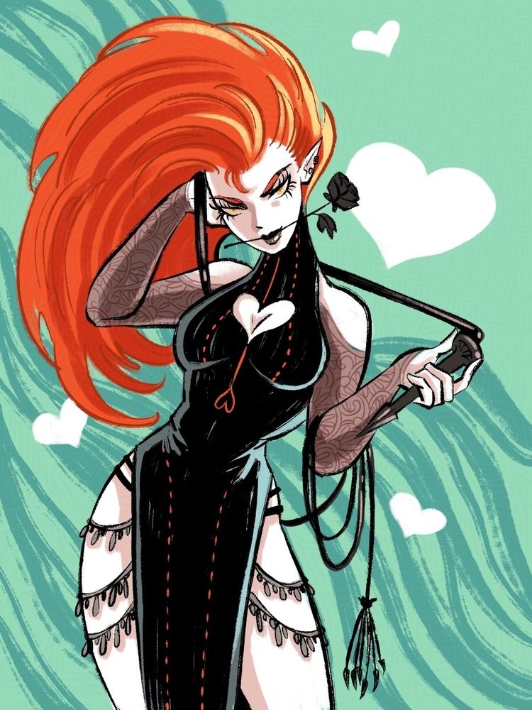 Art of my OC Talia in a blck dress and holding a whip. She has huge 80s style red hair.