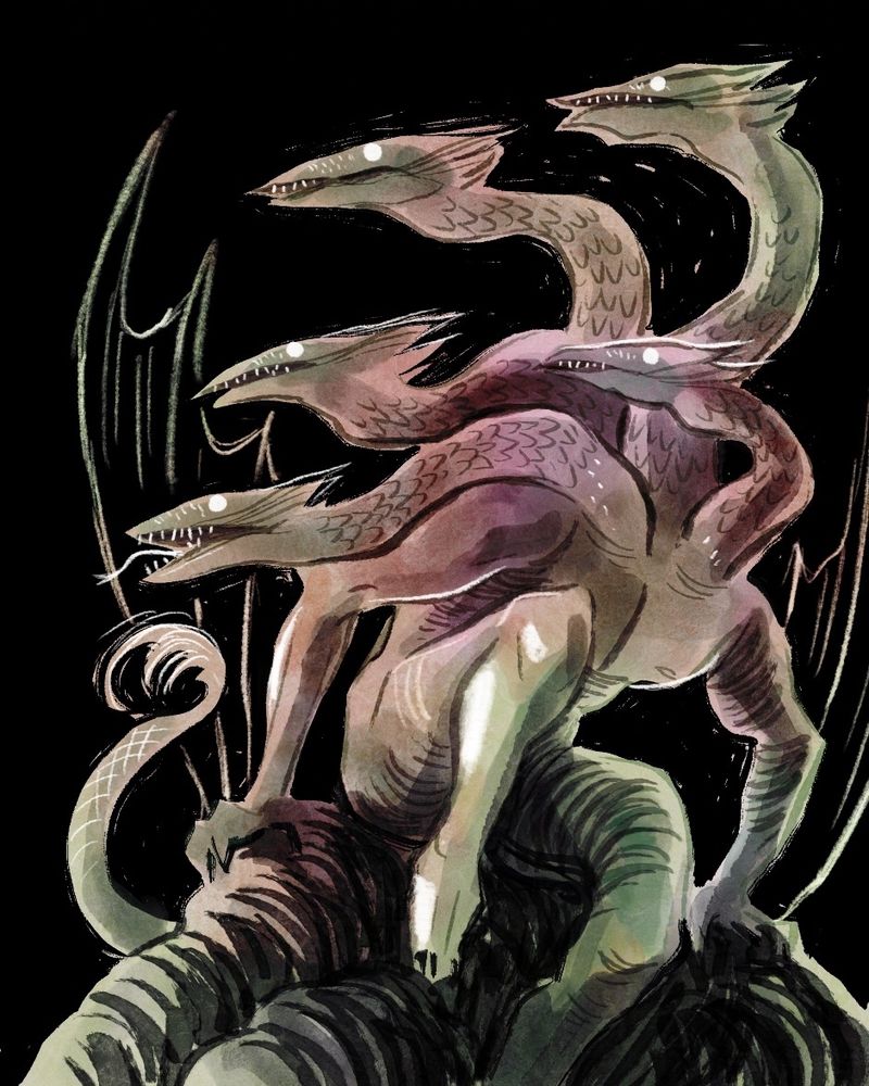 Art of seated figure with 5 dragon heads and a human torso. It has a tail and wings attached to arms too. Black background.