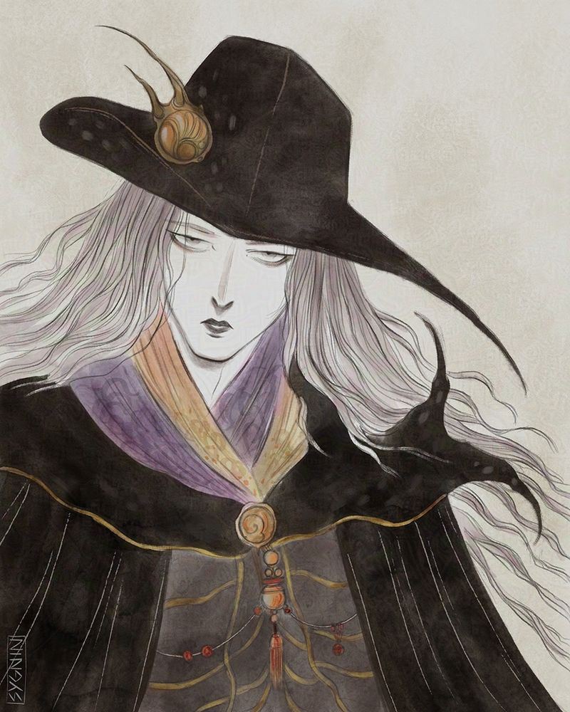 D of Vampire Hunter D. Pale young man with long flowing white-ish hair wearing a big pointed black hat and some blackish armor. 