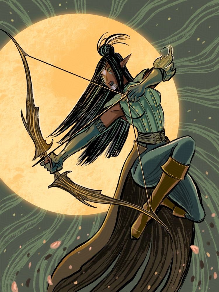 Art of a dark skinned elf woman jumping and holding a drawn bow. There is a big full moon behind her.