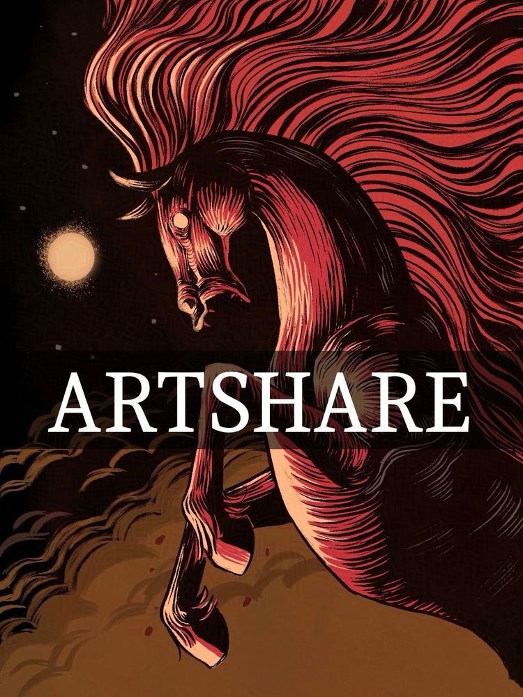 Art of a red horse tearing up against a black sky with pale full moon. Words say ‘artshare’