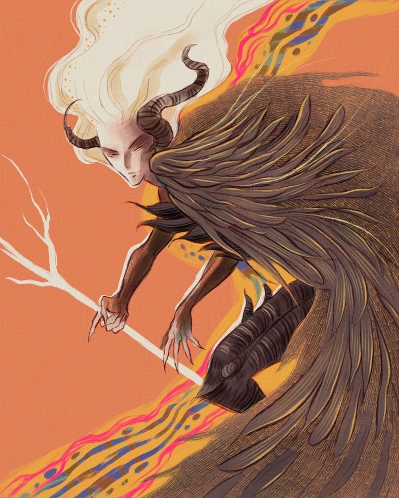 Art of a person with long white hair and horns. They wear a large furry or feathered cape. They hold a white staff in one hand