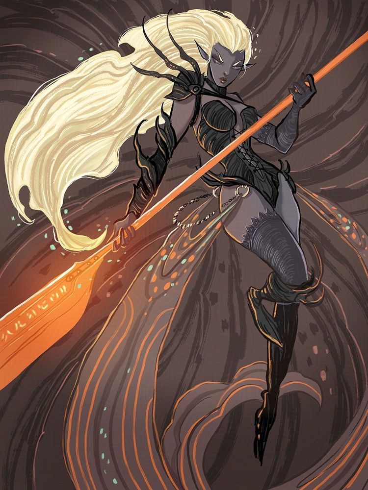 Art of a dark elf woman with white hair holding a large glowing staff