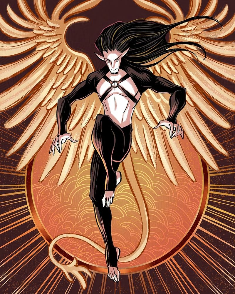 Art of a male elf with long black hair and a pair of large feathered wings. Behind him is a sun like disc with abstract patterns
