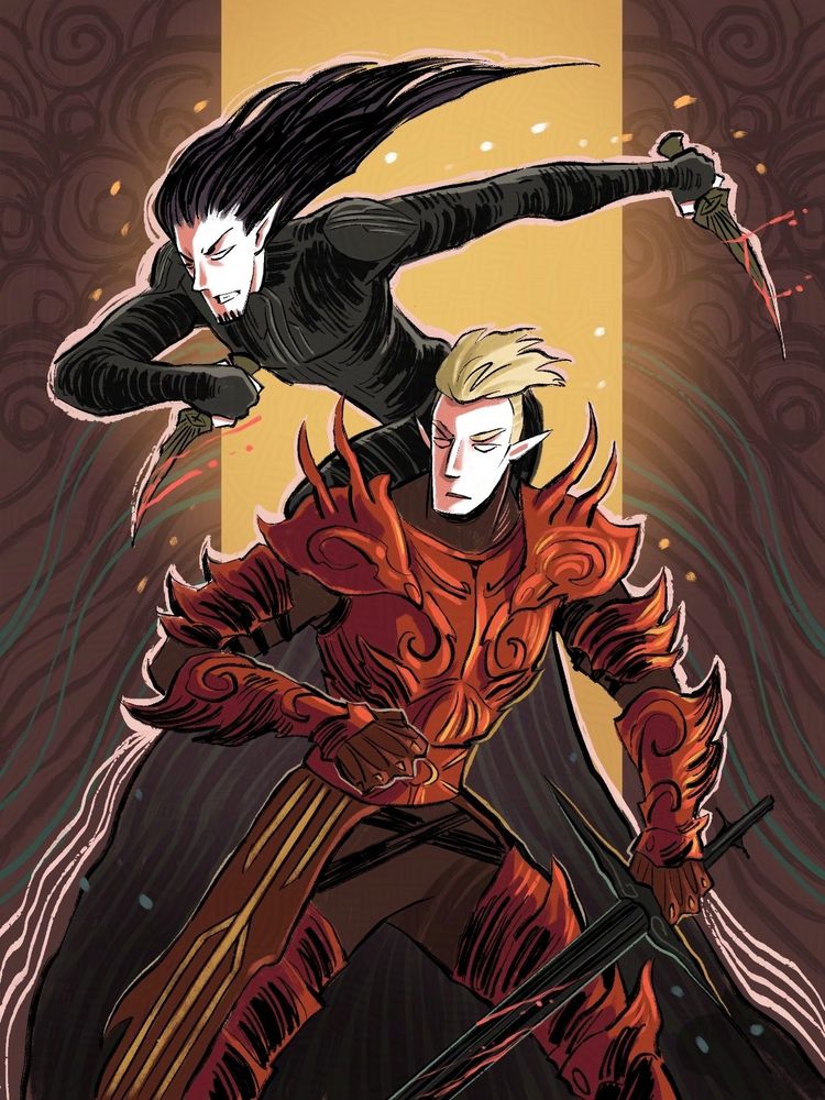 art of my OCs Fenoril and Catarax (in red). Fen is an elf assassin and Cat is an elf warrior. They are in my comic, Nowhere.