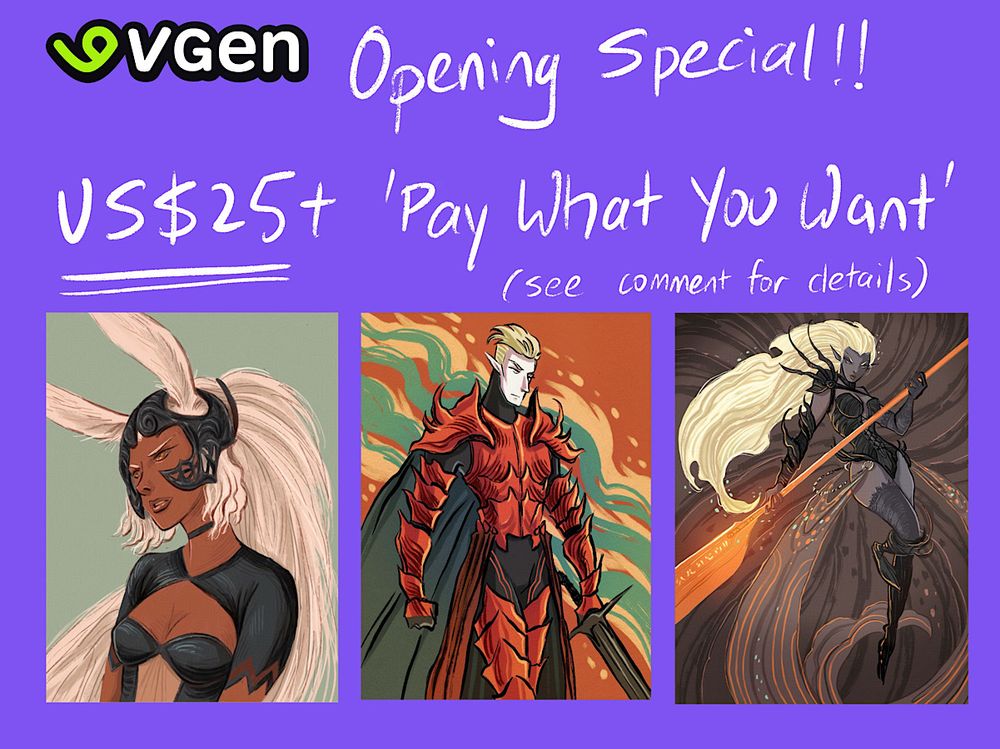 Promo art for #Vgen special opening commissions. These are ‘pay what you want’ from US$25. The more is offered, the more of the character will be drawn.